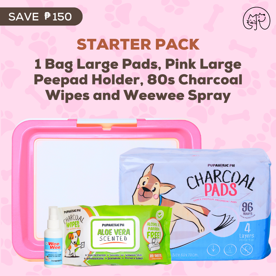 STARTER PACK: 1 Bag NEW and IMPROVED Large Pads, Pink Large Peepad Holder, Wipes and Repacked Fourpaws Weewee Spray