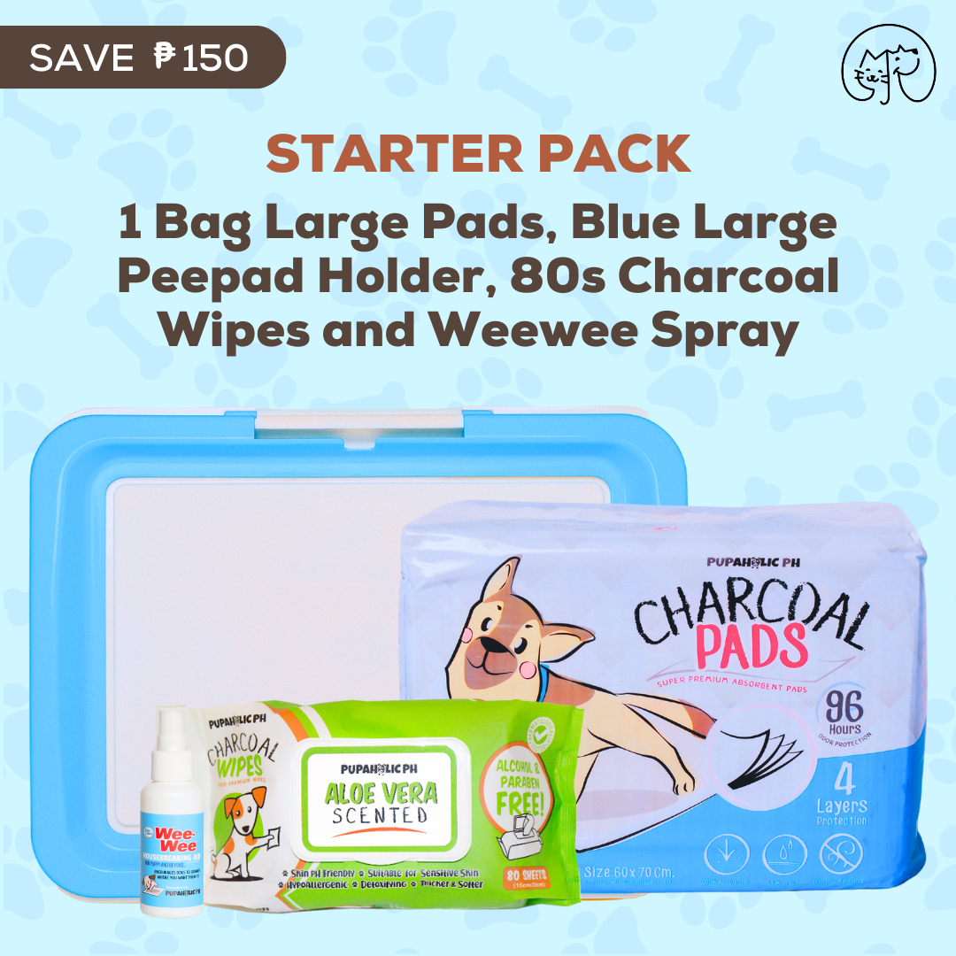 STARTER PACK: 1 Bag NEW and IMPROVED Large Pads, Blue Large Peepad Holder, Wipes and Repacked Fourpaws Weewee Spray