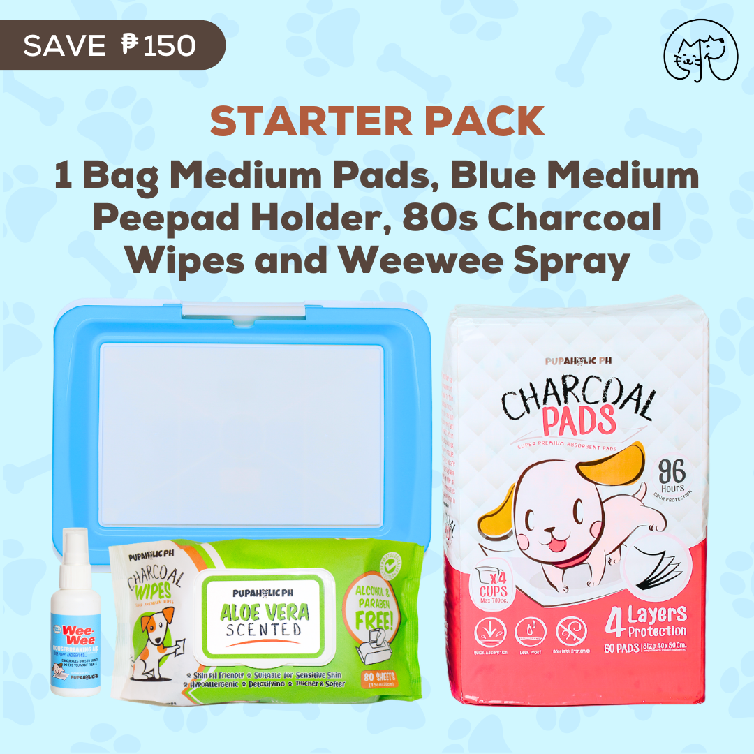 STARTER PACK: 1 Bag NEW and IMPROVED Medium Pads, Blue Medium Peepad Holder, Wipes and Repacked Fourpaws Weewee Spray