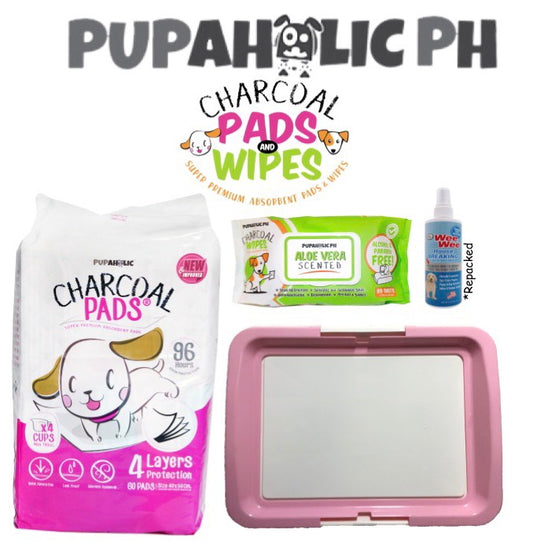 STARTER PACK: 1 Bag NEW and IMPROVED Medium Pads, Pink Medium Peepad Holder, Wipes and Repacked Fourpaws Weewee Spray