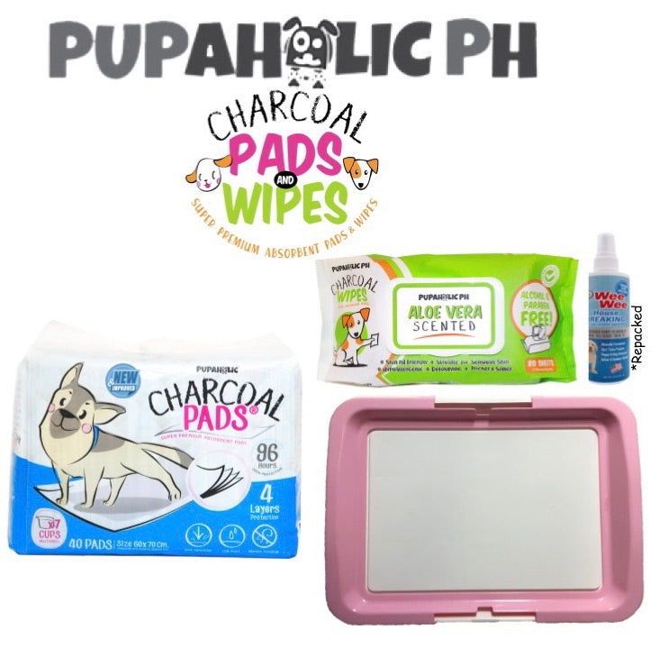 STARTER PACK: 1 Bag NEW and IMPROVED Large Pads, Pink Large Peepad Holder, Wipes and Repacked Fourpaws Weewee Spray