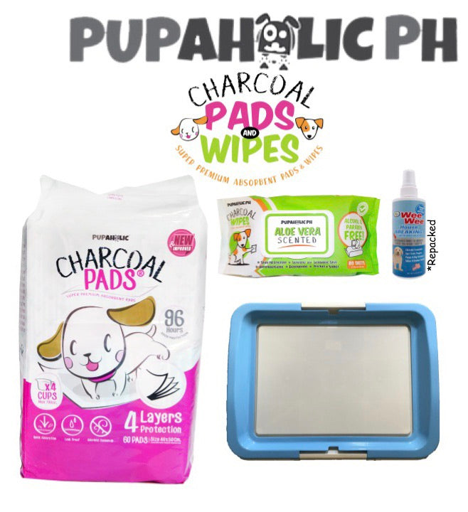 STARTER PACK: 1 Bag NEW and IMPROVED Medium Pads, Blue Medium Peepad Holder, Wipes and Repacked Fourpaws Weewee Spray
