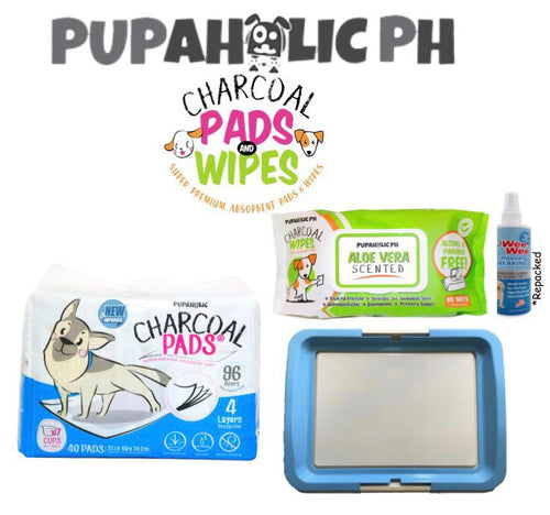 STARTER PACK: 1 Bag NEW and IMPROVED Large Pads, Blue Large Peepad Holder, Wipes and Repacked Fourpaws Weewee Spray